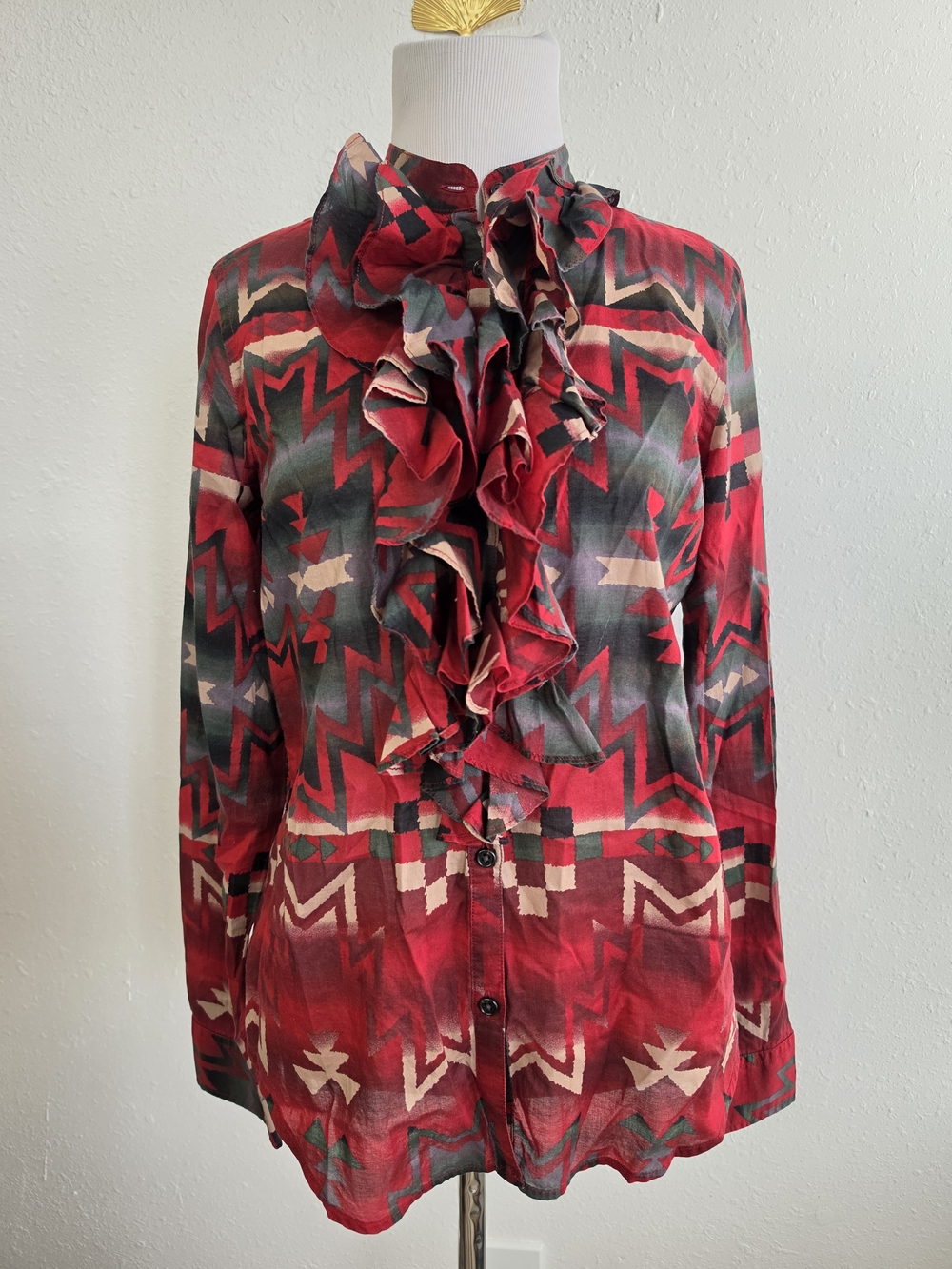 Lauren Ralph Lauren Western Aztec Ruffle Button Down Shirt S - Picture 2 of 9